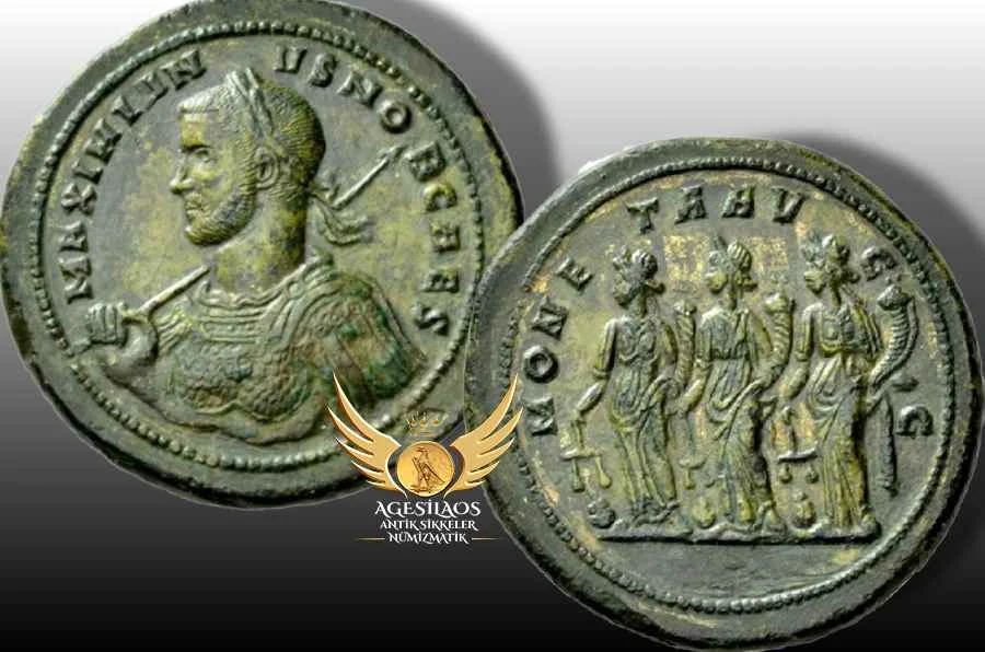 This bronze medallion bears a powerful image of the Caesar Galerius wearing an ornate cuirass decorated with a gorgoneion, and holding a spear over his far shoulder.