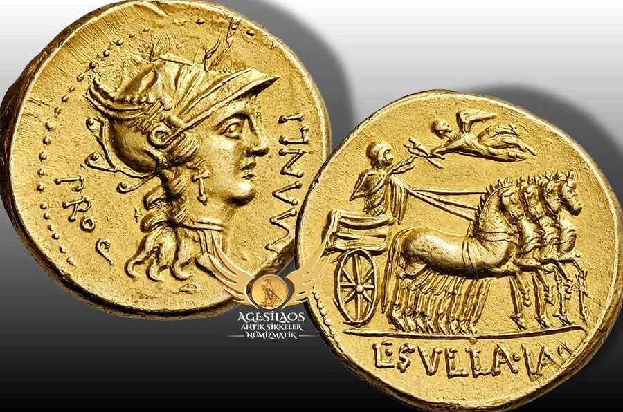  İçerikteki çok nadir altın sikke [Aureus], Sulla'nın 82 yılında Colline Kapısı Muharebesi'nde Mithradates ve Samnitleri yenmesi nedeniyle aldığı zaferleri kutlamaktadır.